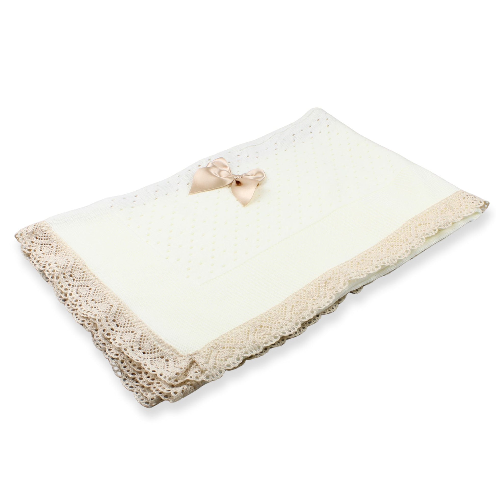 Cream shawl with beige lace trim and a decorative bow on a white background