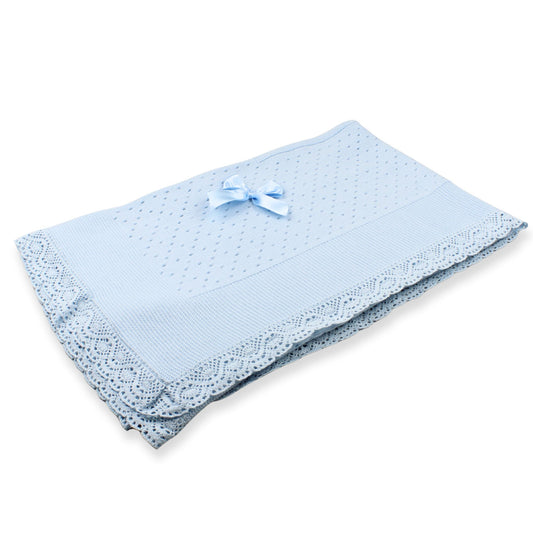 Light blue baby blanket with lace edge and bow on a white background