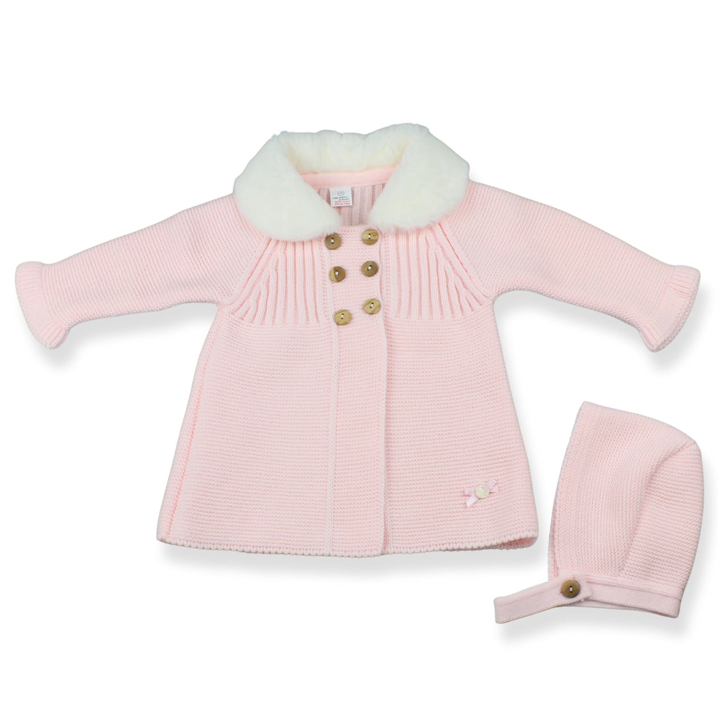 Pink baby coat with white fur collar and matching hat on a white background