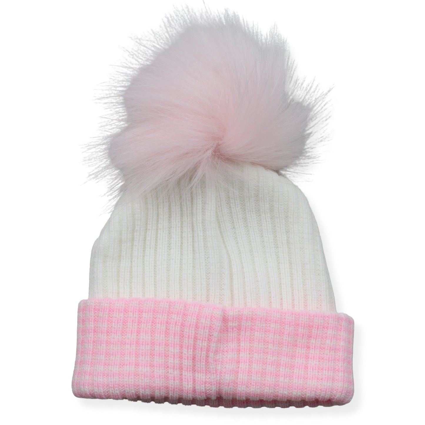 Newborn Baby White Candy Pink Faux Fur Pom Pom Hat-First Size