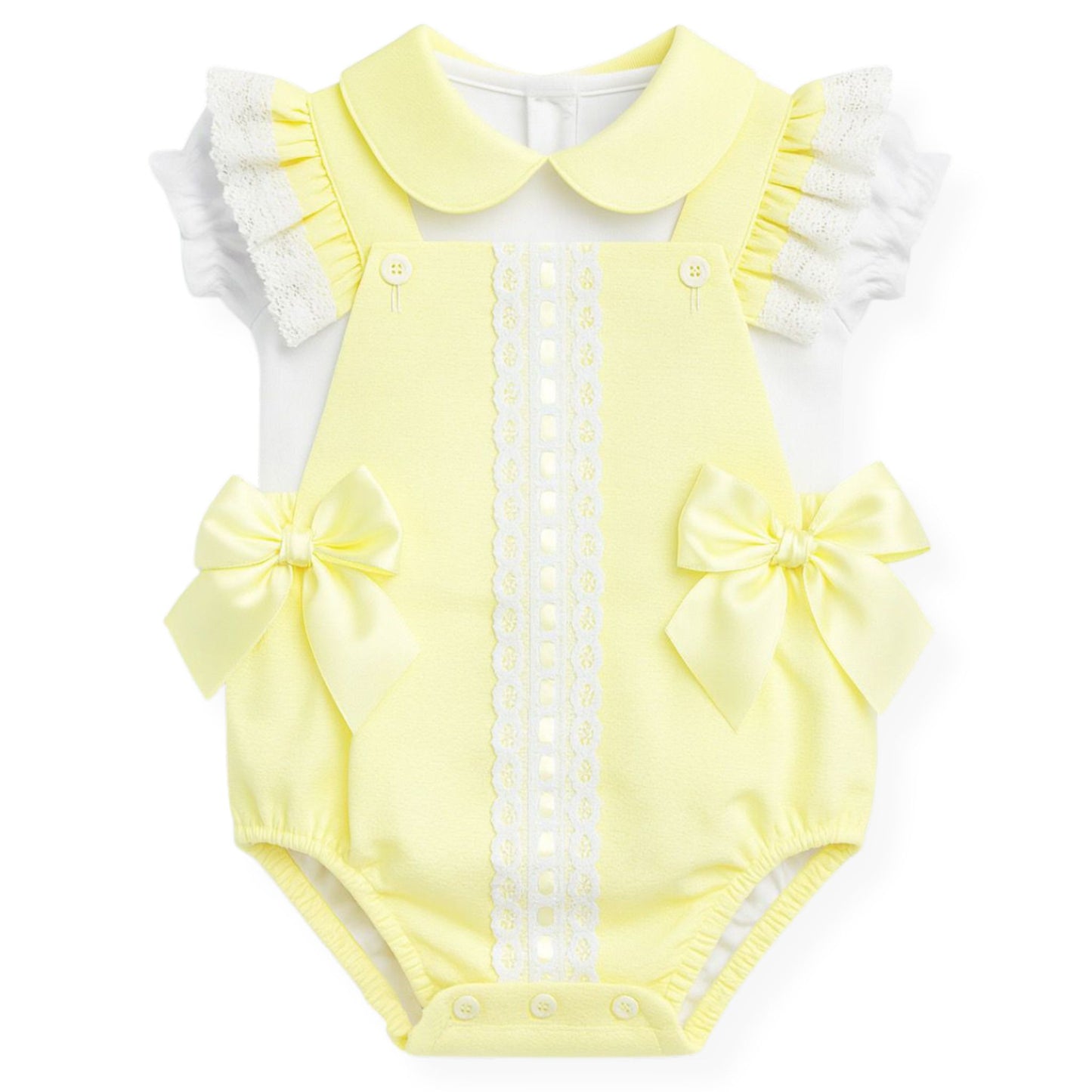 Yellow baby romper with white ruffled sleeves and bow details on a white background