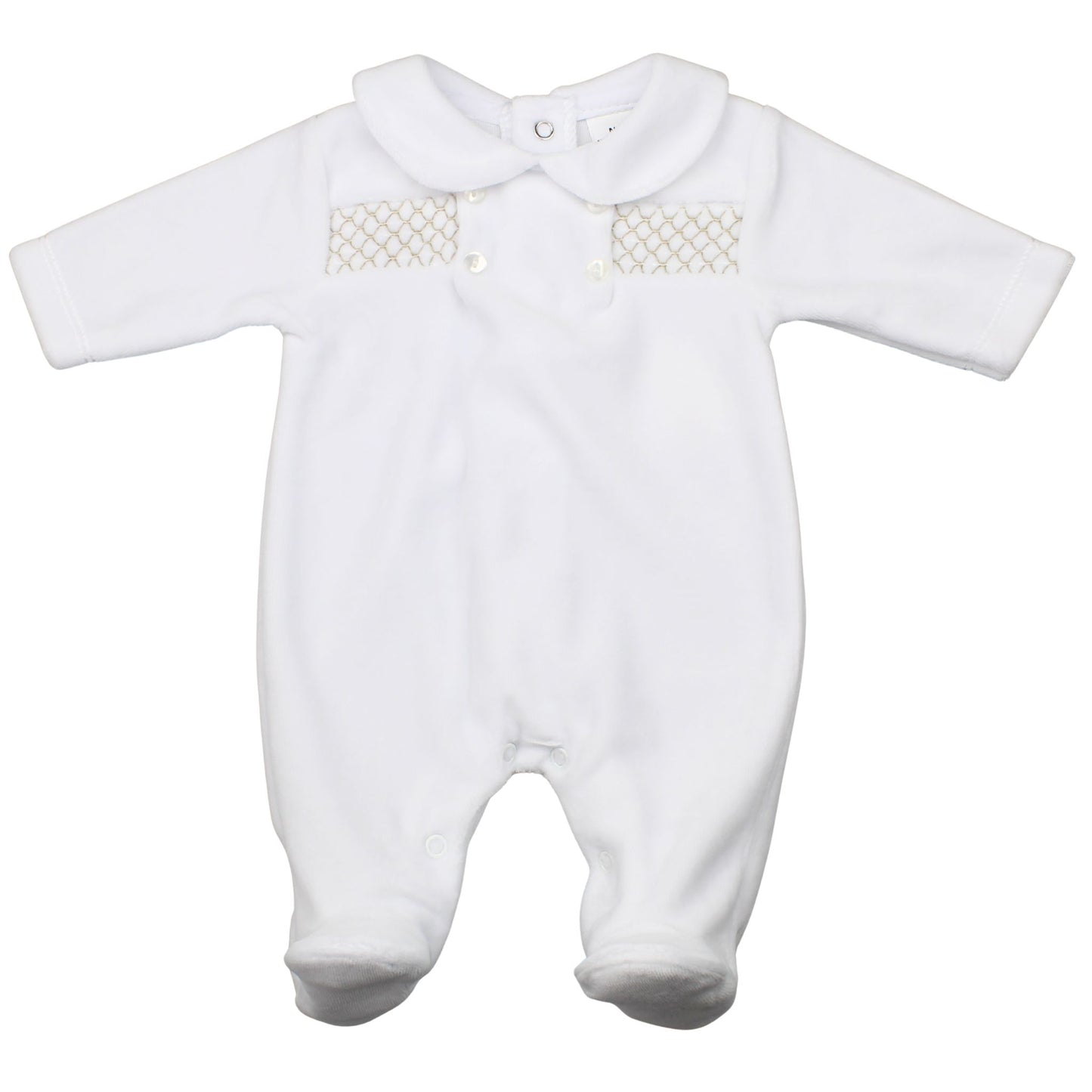 Baby Boys Velour Sleepsuit with Smocking - White / Beige