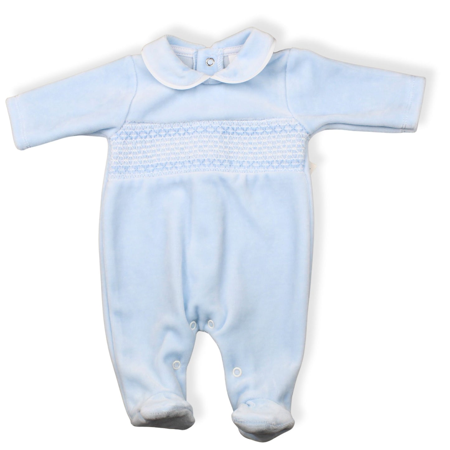 Light blue baby romper with white collar on a white background
