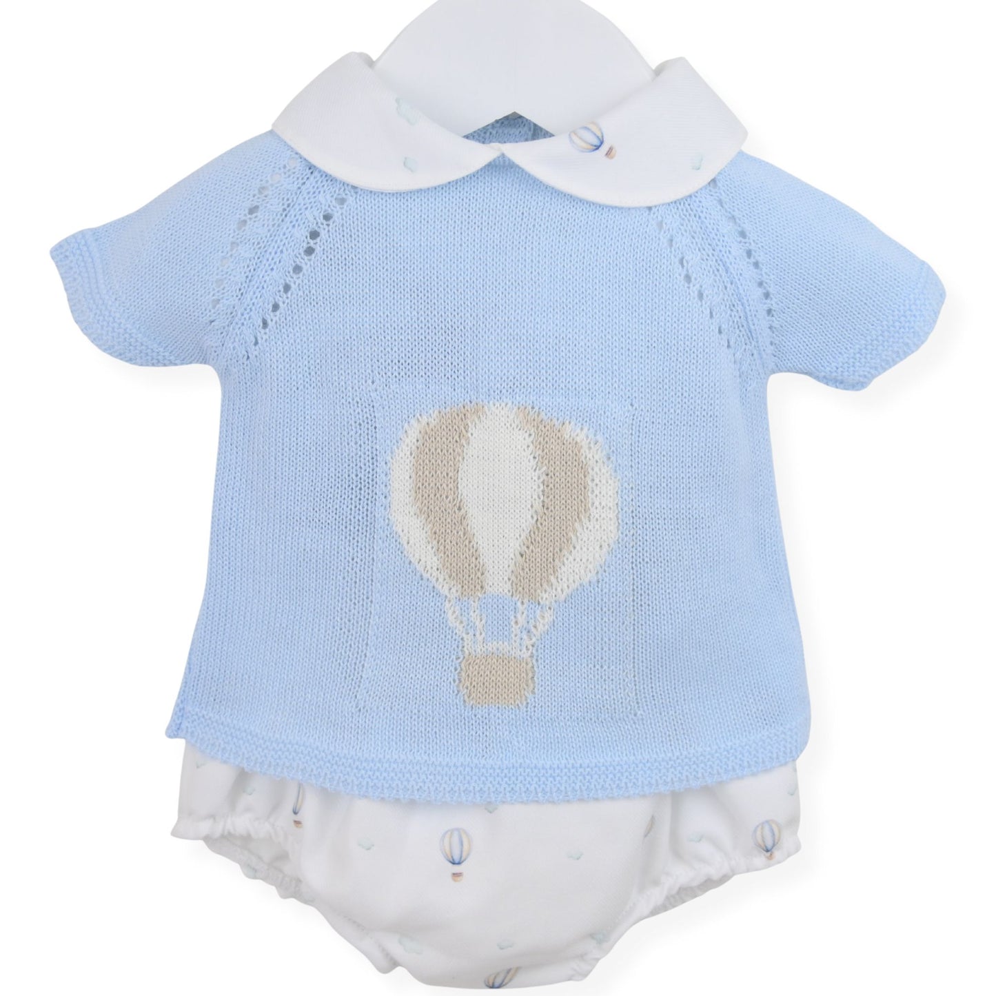 Baby boys blue knitted hot airballoon outfit