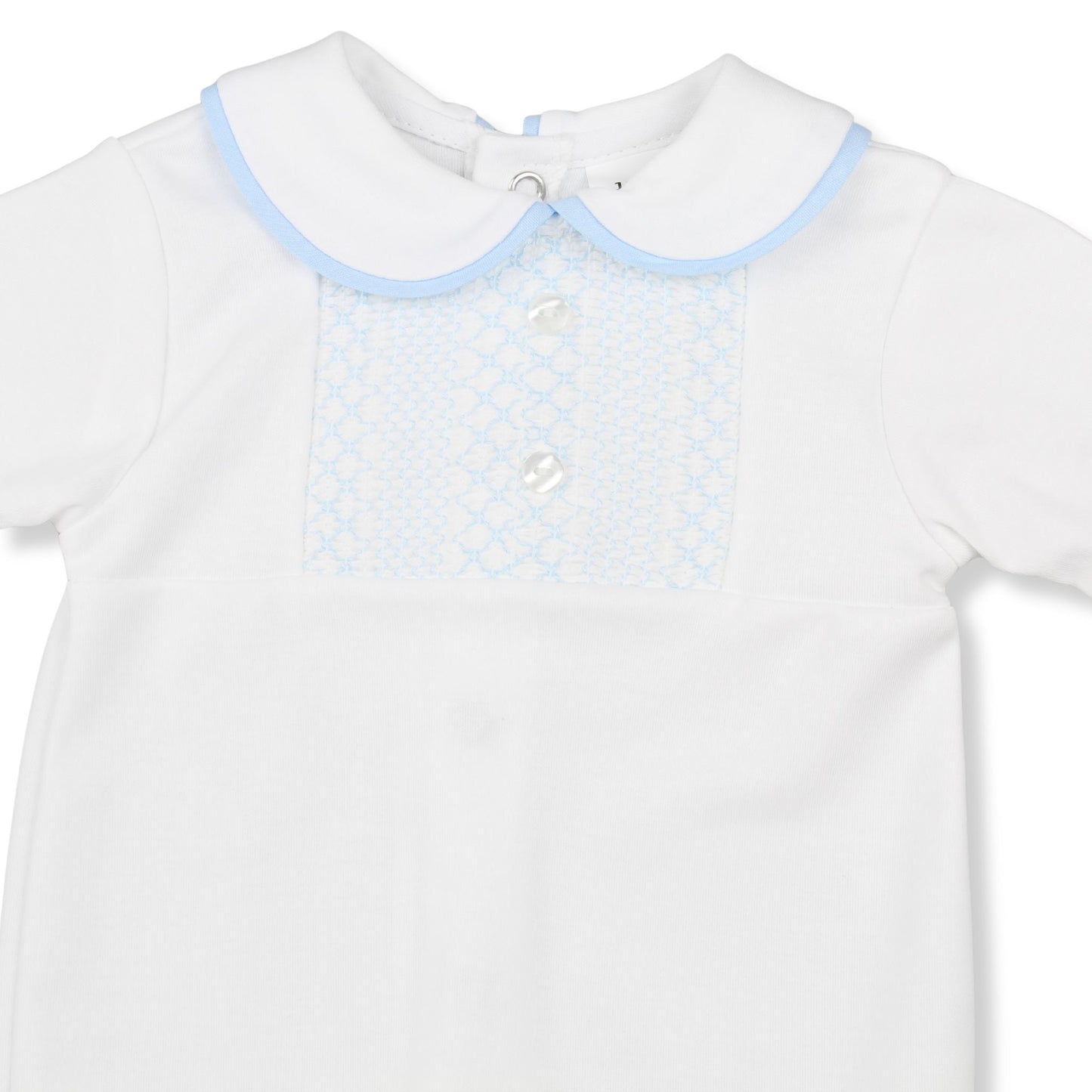Baby Boys White Smocked Sleepsuit with Blue Trim – Star Collection