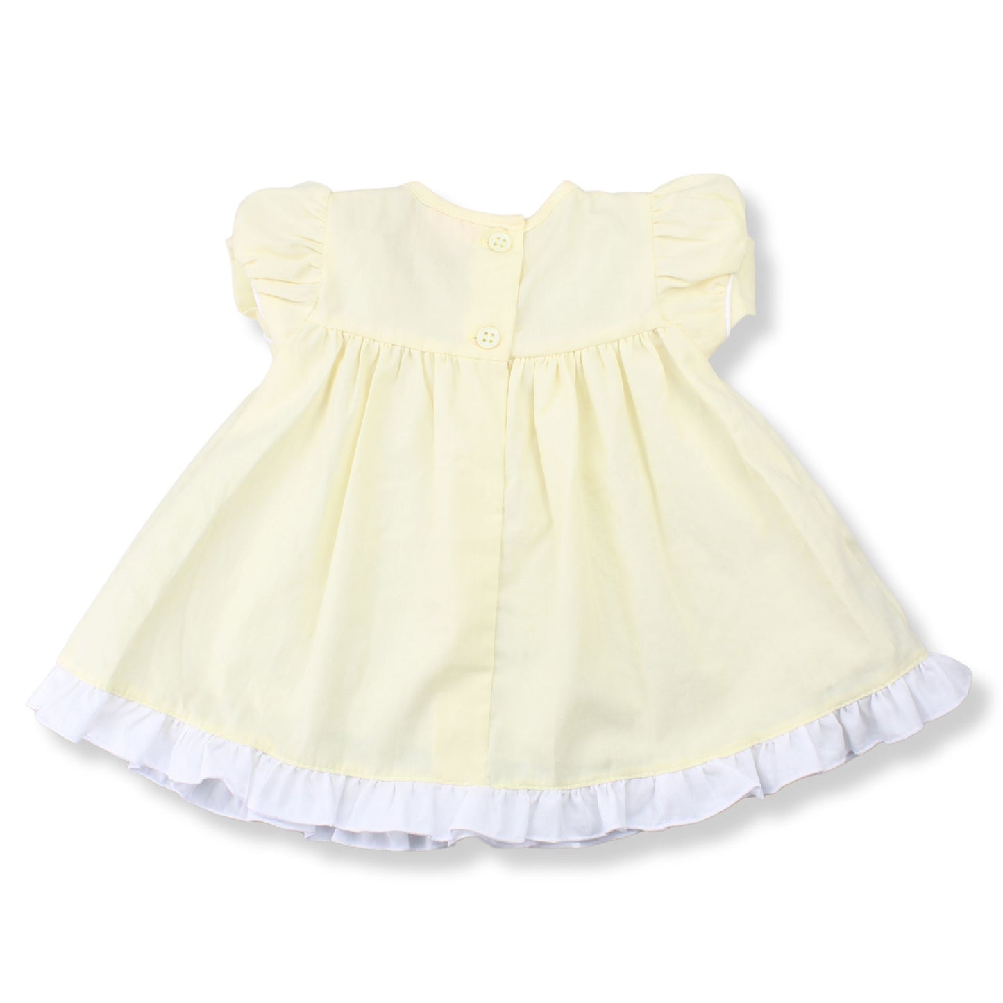 Yellow dress with white trim on a white background