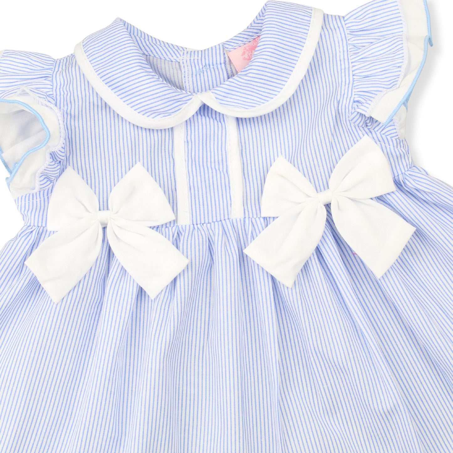 Baby Girls Blue Stripe Dress, Bloomers & Headband – 3 Piece Outfit