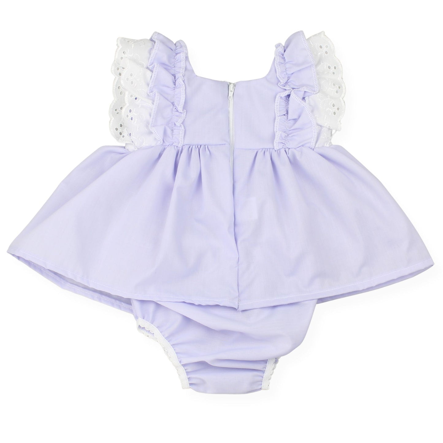 Lavender baby romper with white ruffled details on a white background