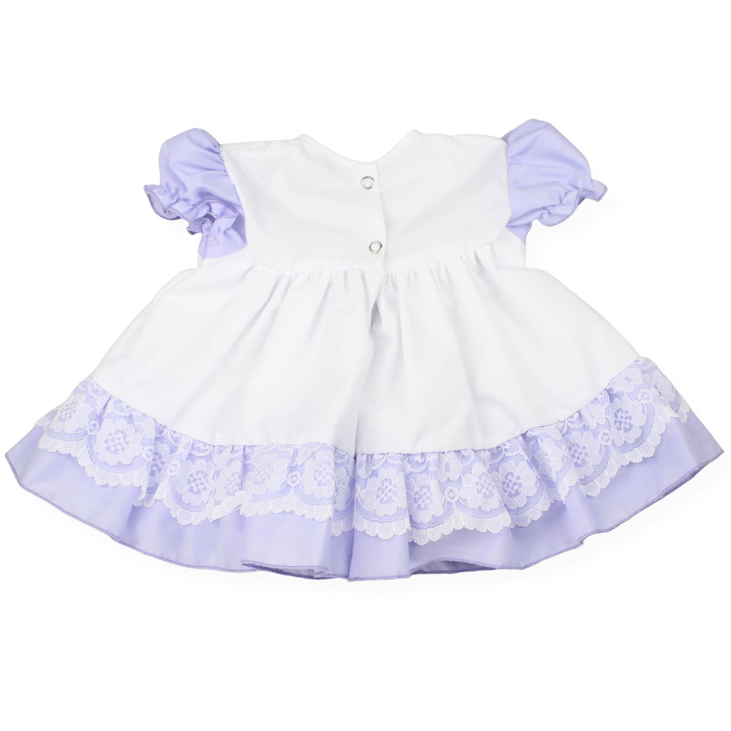 White dress with purple lace trim and sleeves on a white background