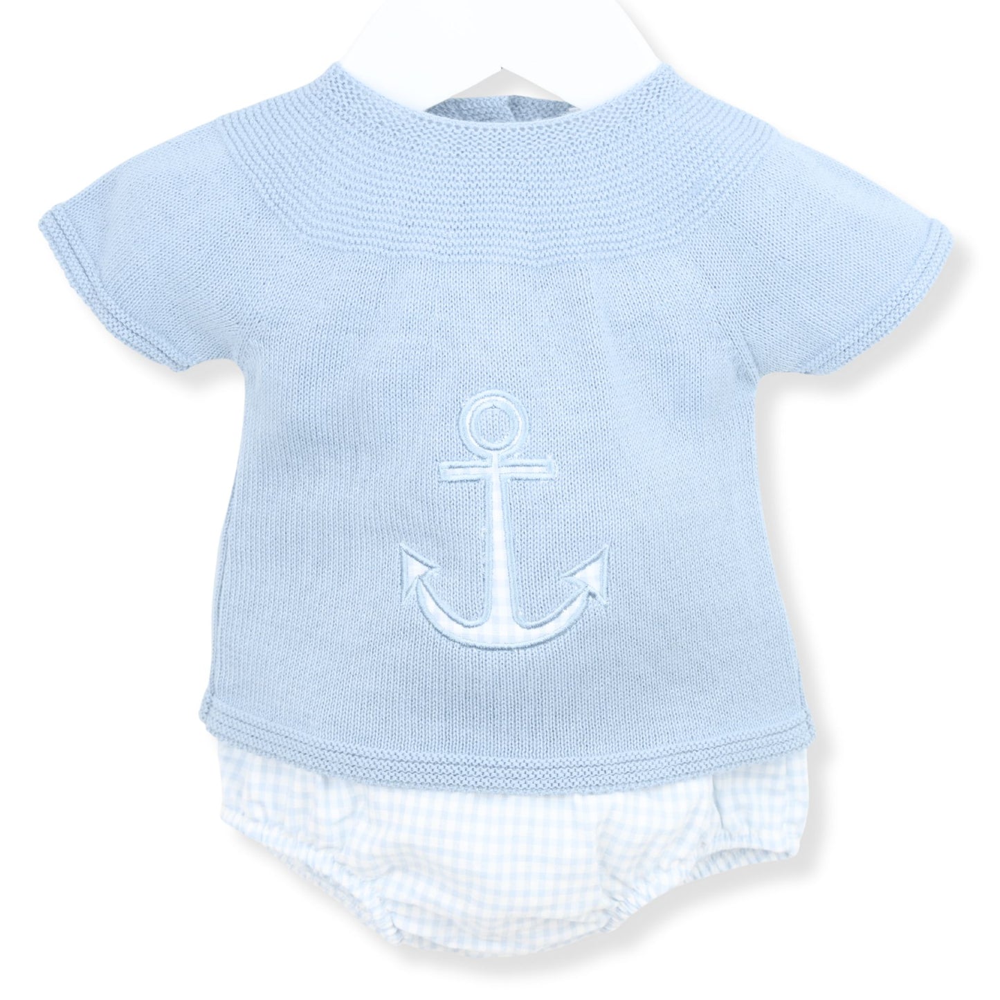 Light blue baby outfit with anchor design on a white background