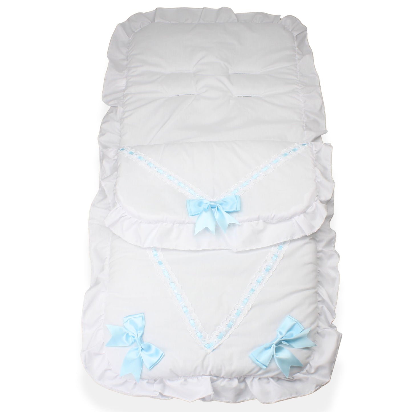 white footmuff with blue bows