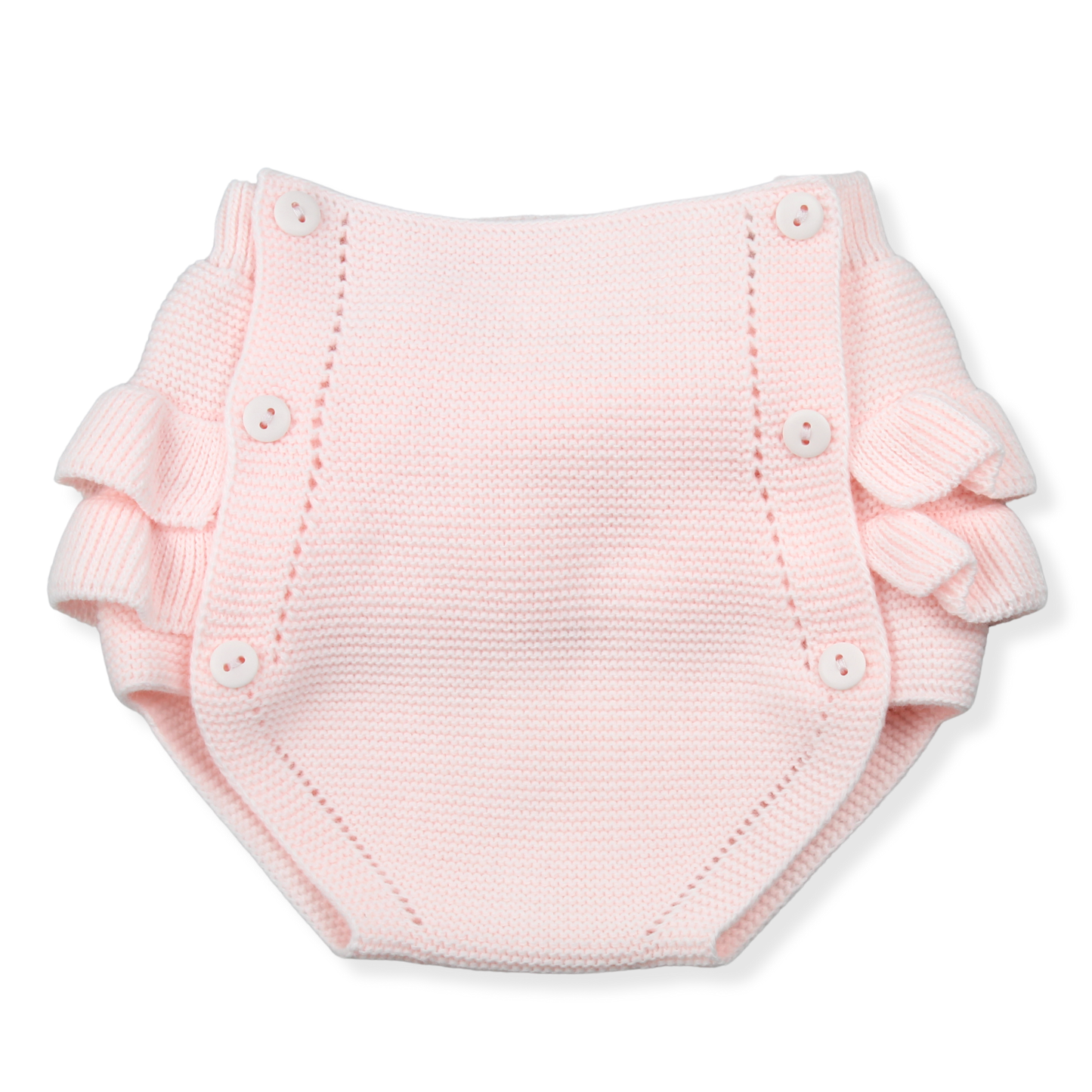 Pink knitted diaper with ruffles on a white background