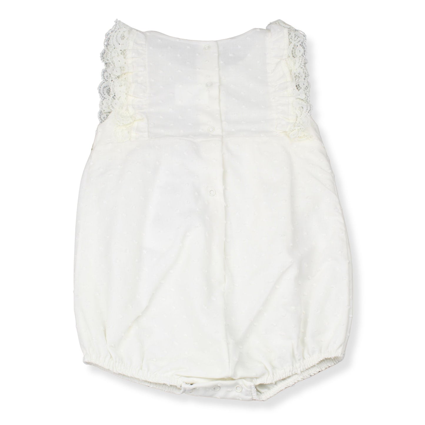 White baby romper with lace details on a white background