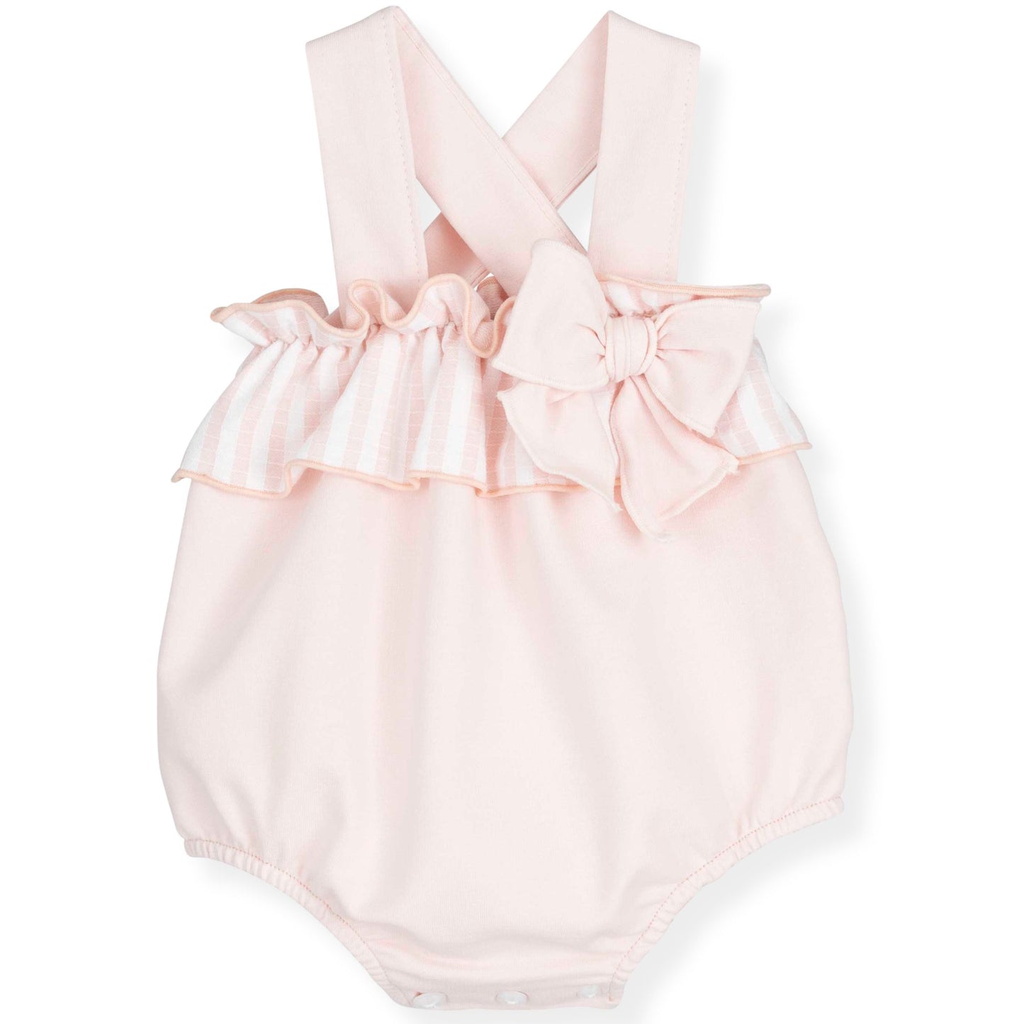 Pink baby romper with bow details on a white background