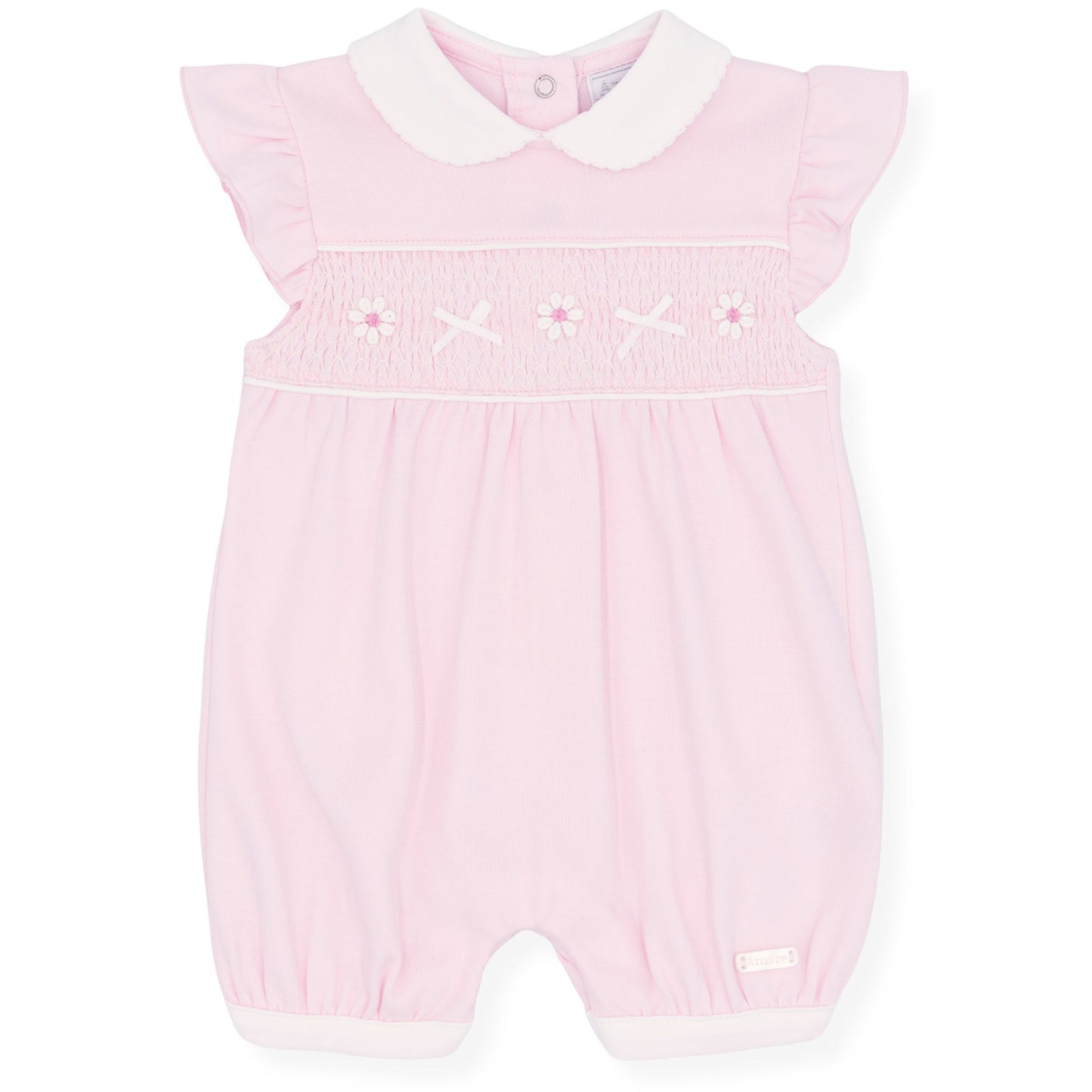 Pink baby romper with white collar on a white background