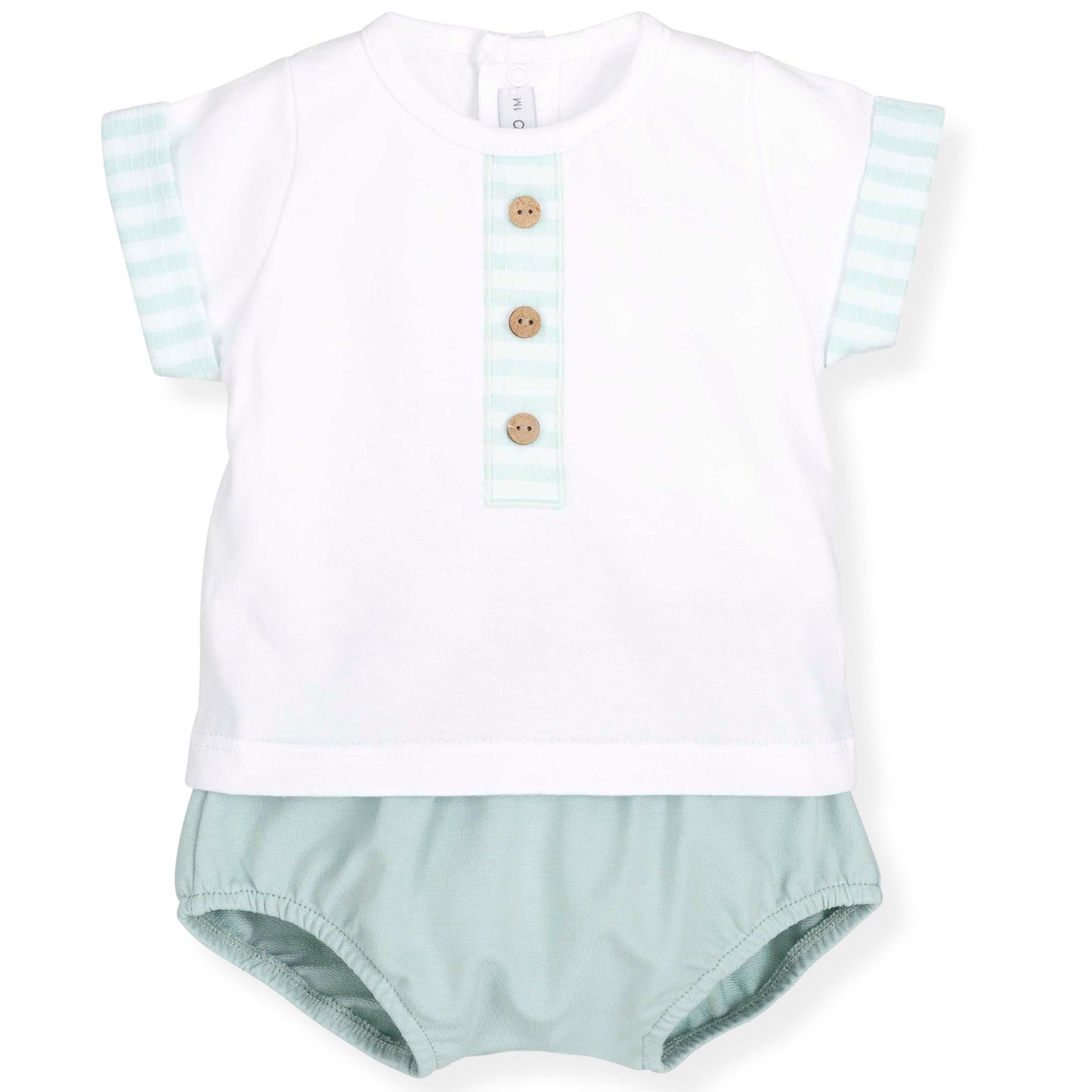 Baby romper with white top and light green bottom on a white background