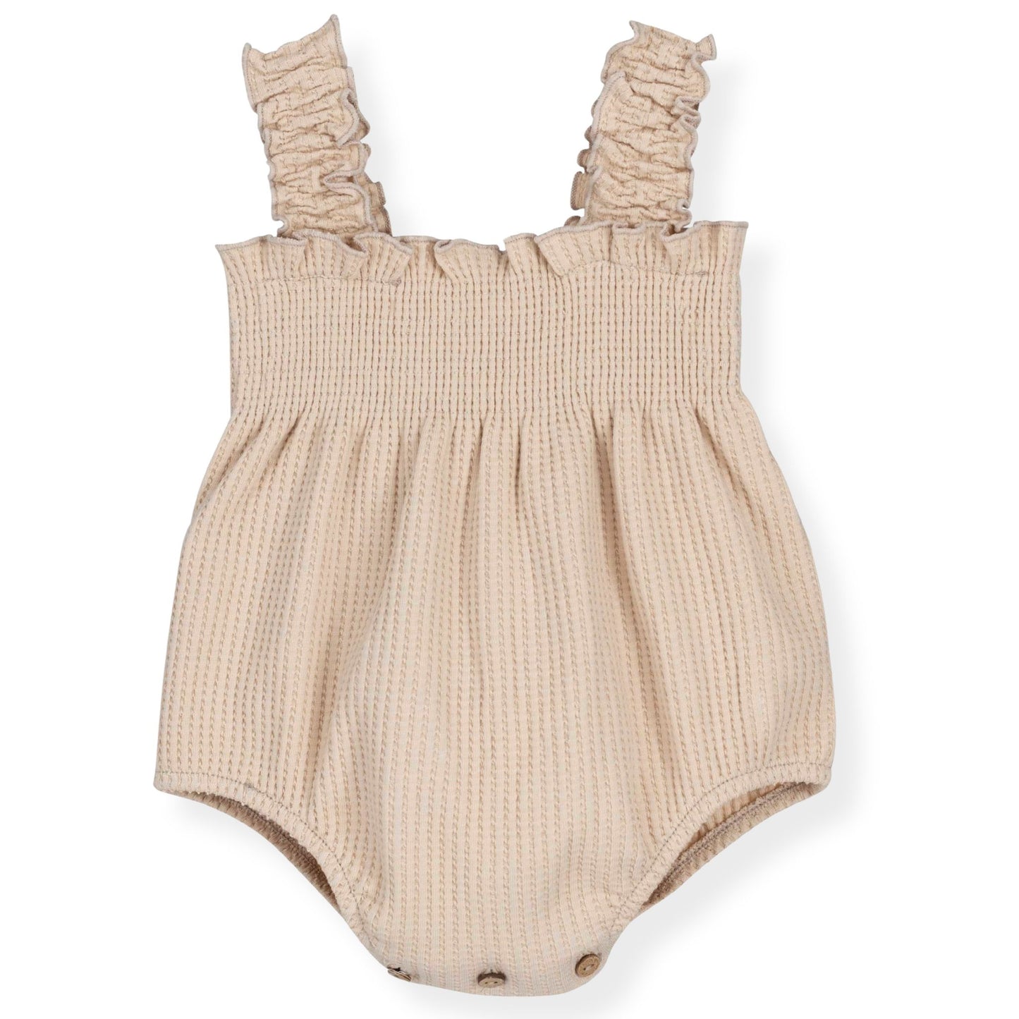 Beige baby romper with ruffled straps on a white background