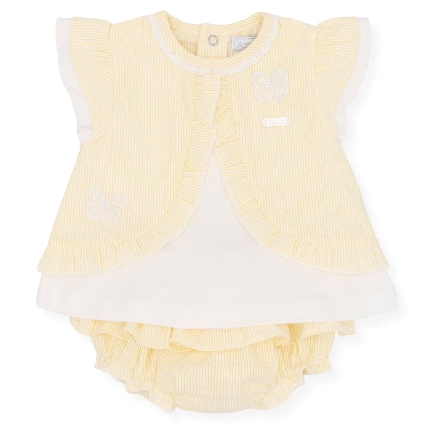 Yellow baby romper with white trim on a white background
