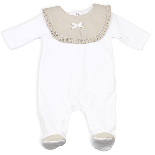 Baby Girls White and Beige Cotton Baby Grow / Sleepsuit with Bow