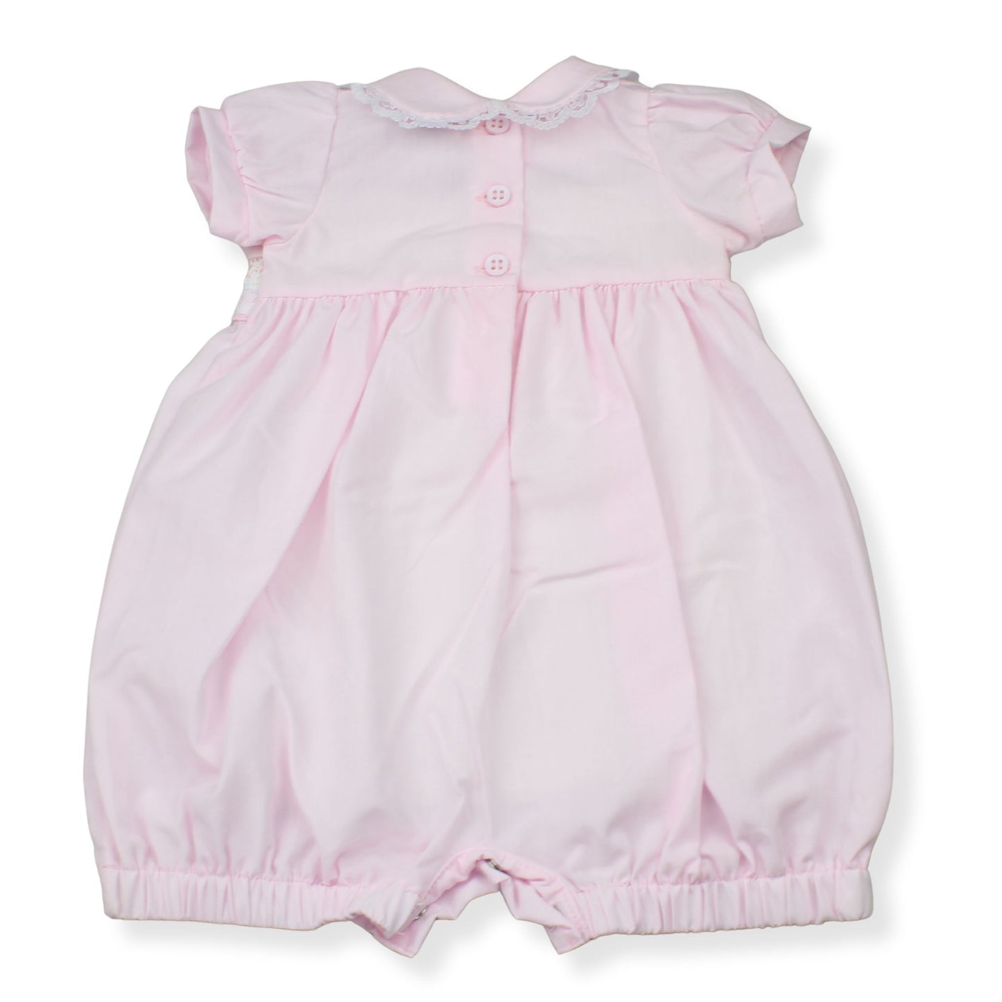 Baby Girl Pink Smocked Romper with Lace Collar (NB–3-6 Months)