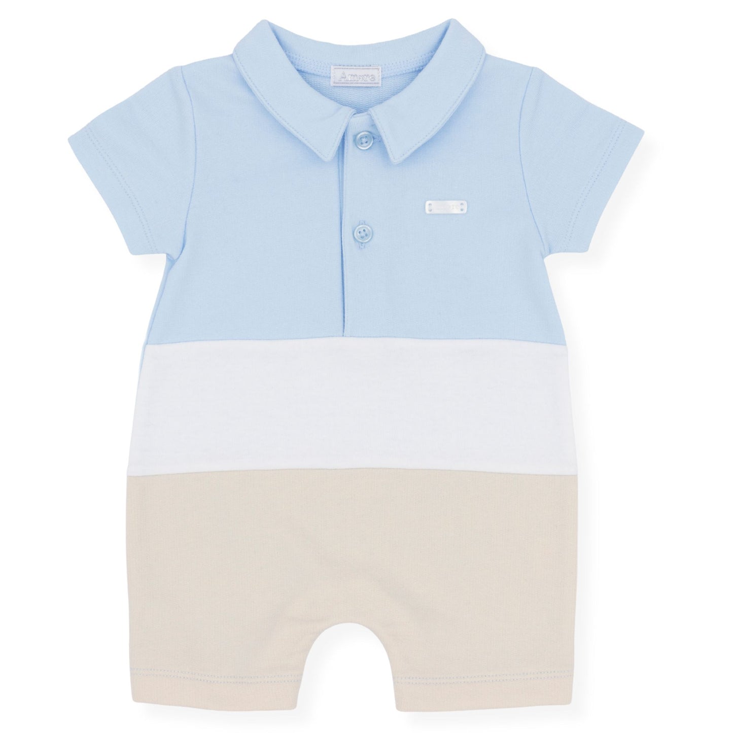 Amore Baby Boy Polo Romper – Blue, White & Beige Colour Block