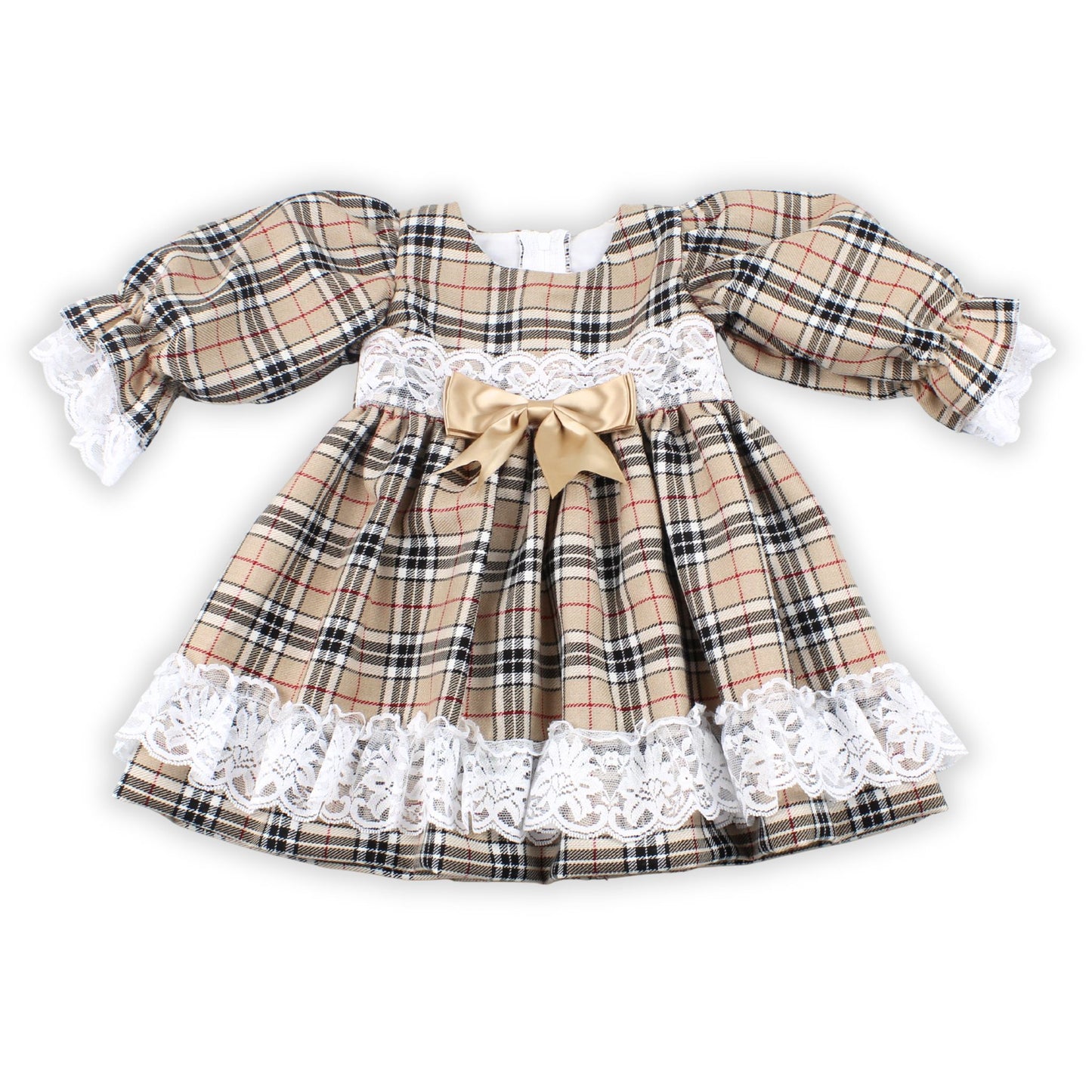 Plaid dress with lace details and a bow on a white background