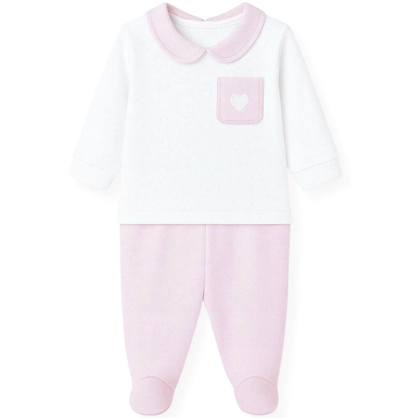 Baby onesie with pink collar and pants on a white background