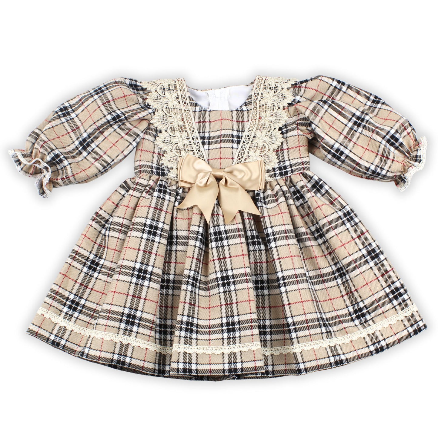 Plaid dress with lace details and a bow on a white background