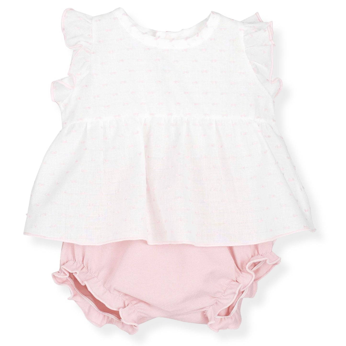 White sleeveless top and pink bloomers on a white background