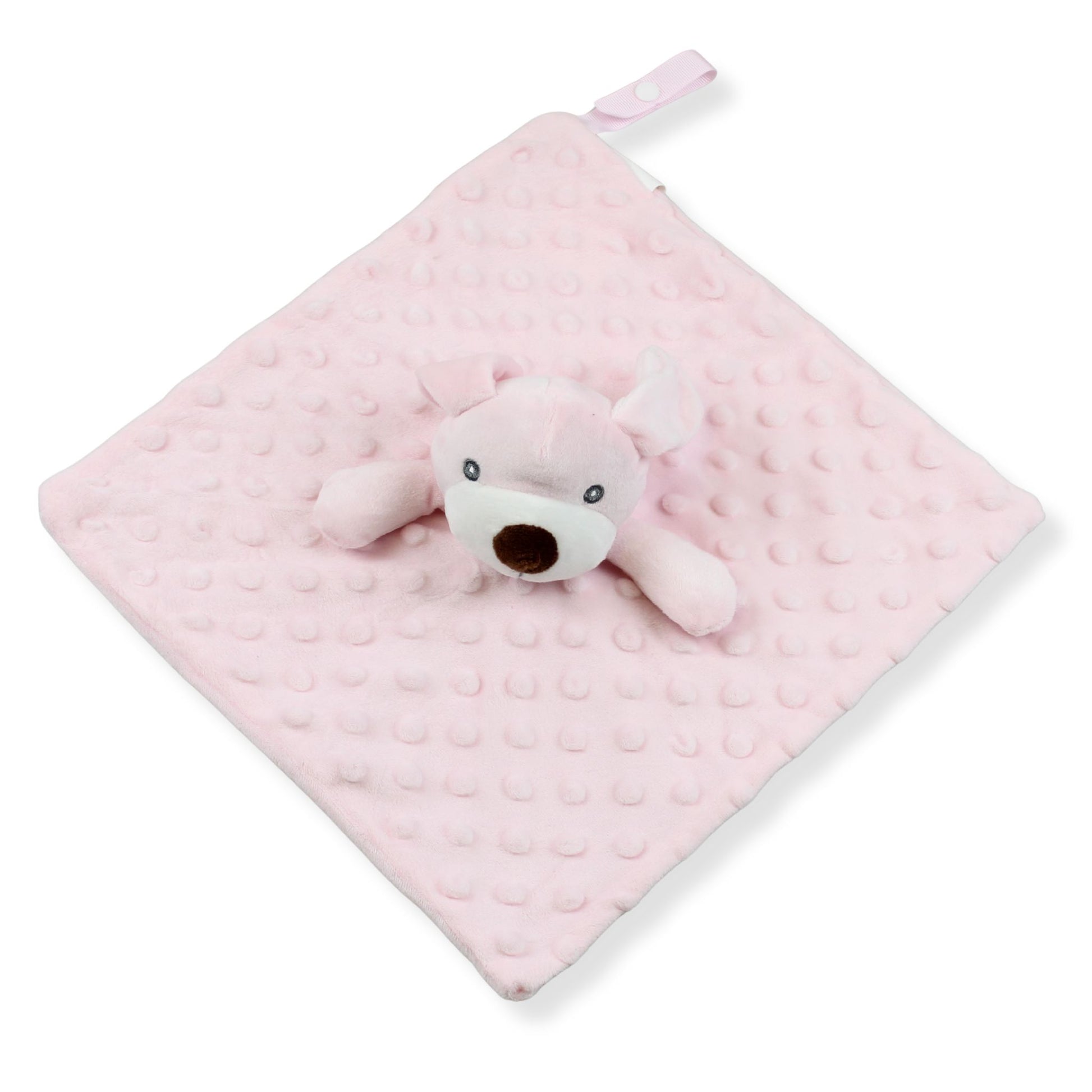 baby girls pink teddy bear comforter on white background
