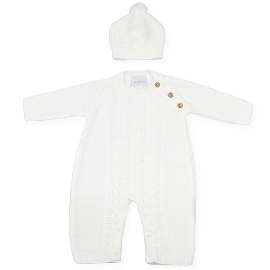 white baby romper, newborn knit outfit, baby hat and romper set, elegant baby clothes, unisex baby gift, wooden button baby romper, winter baby outfit