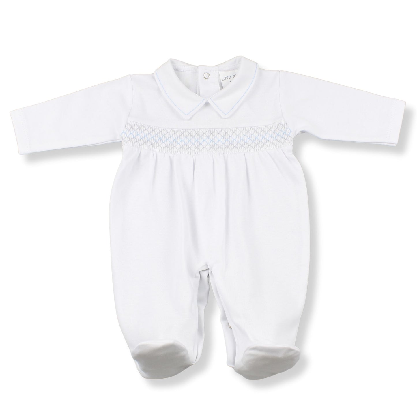 Little Nosh White & Blue Smocked Babygrow – Designed in the UK, Made in Portugal