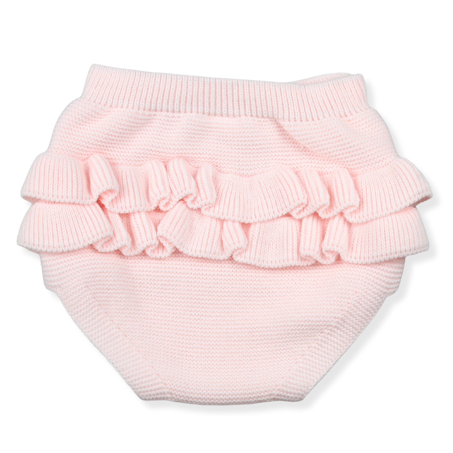 Pink knitted baby bloomers with ruffles on a white background