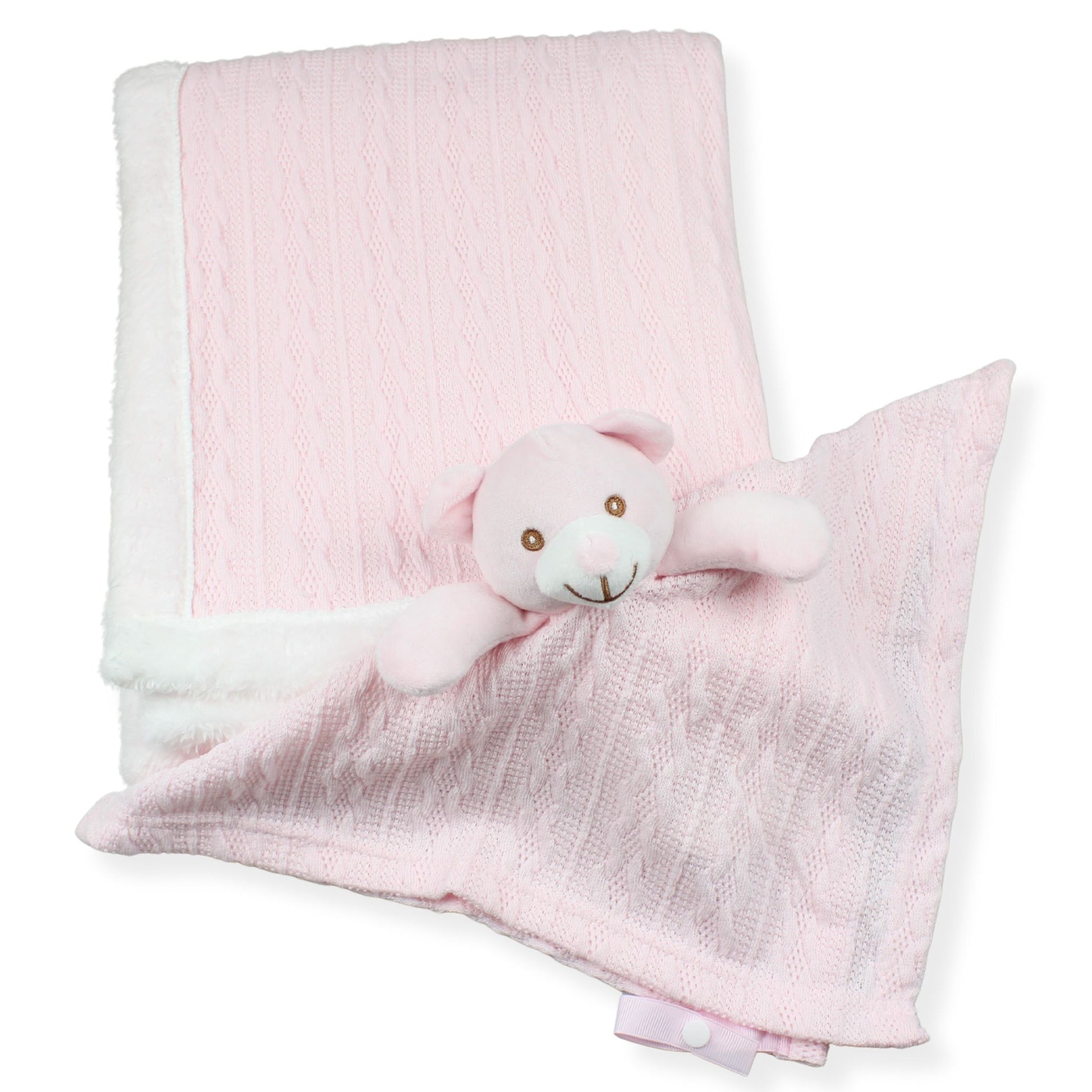 pink and white knitted baby girls blanket with a teddy comforter bundle on a white blanket