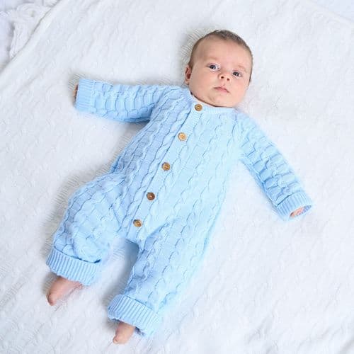Blue Baby Boys Cable Knitted Onesie