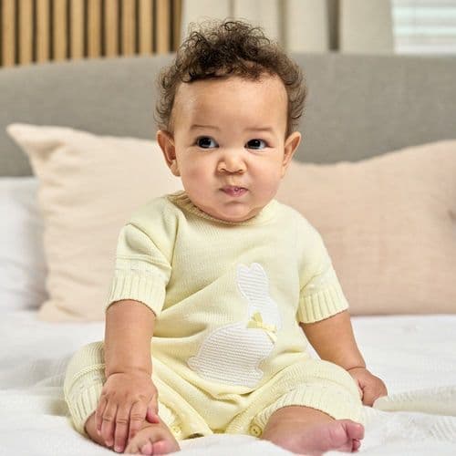Unisex Yellow Romper with Bunny - Knitted Outfit