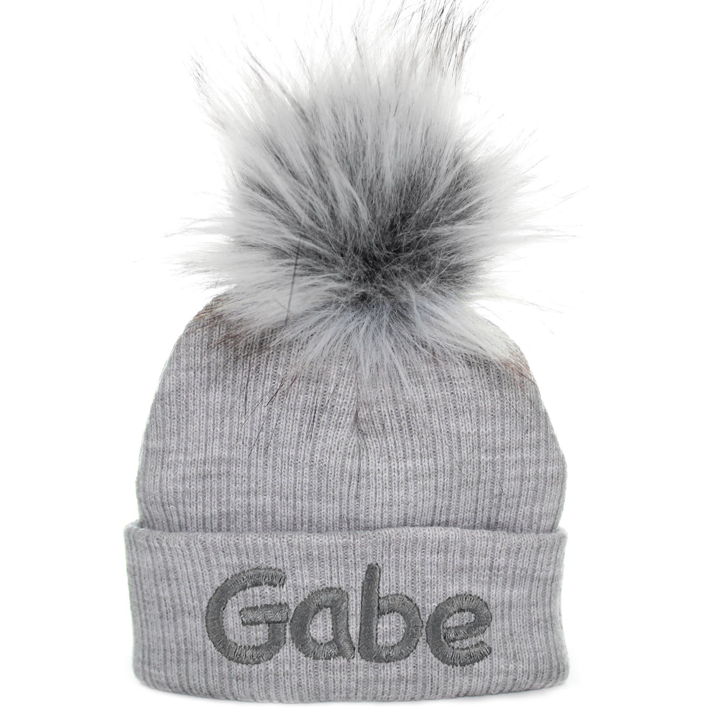 personalised grey baby hat with faux fur pom pom