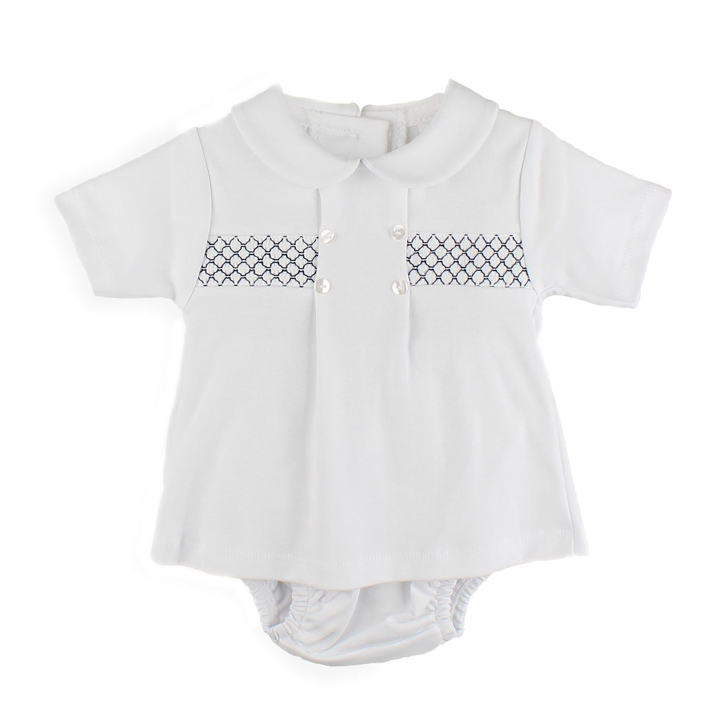 White baby two piece with navty smocking patterns on a white background
