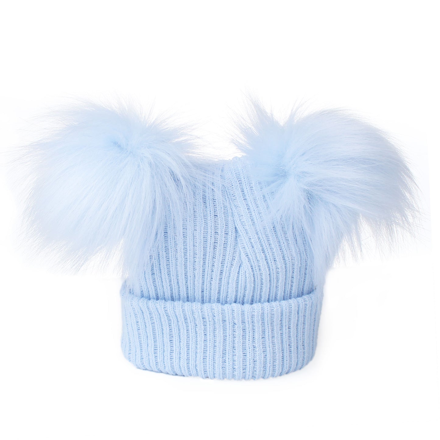 Light blue knit beanie with two large fur pom-poms on a white background