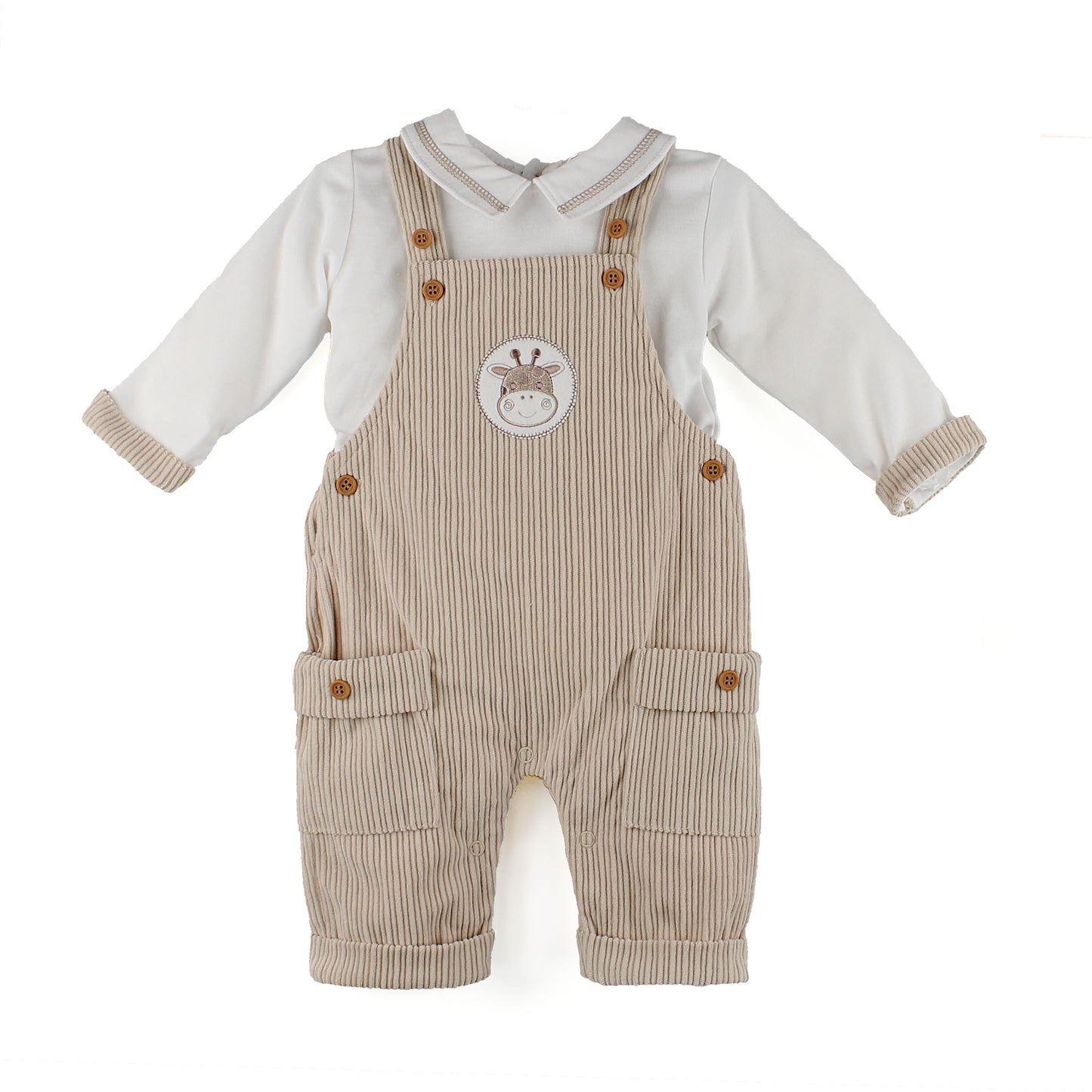 Baby boys beige cord dungarees and white shirt set with embroidered giraffe detail and front pockets, available in newborn to 6-9 months.