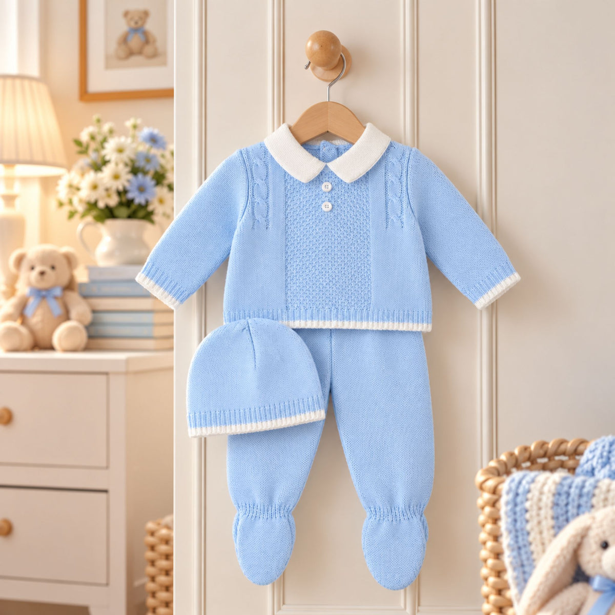 Baby Boys Blue Knitted 3 Piece Outfit with White Collar – Newborn–3 Months