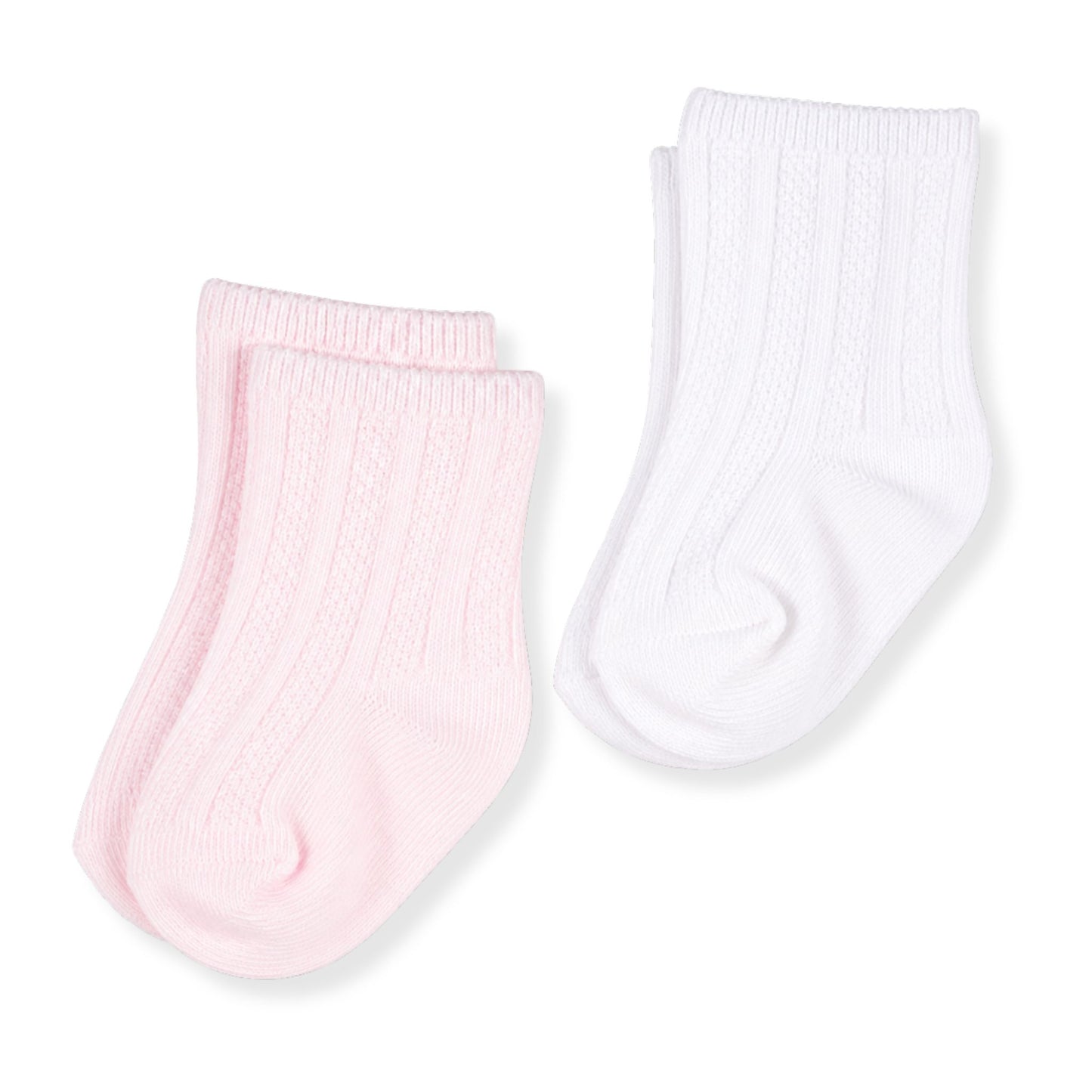 Two pairs of baby socks, one pink and one white, on a light gray background.
