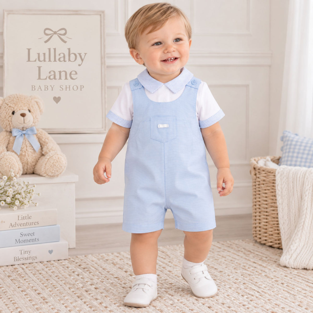 A baby boy wearing a light blue corduroy overall romper over a white short-sleeve collared shirt, standing in a styled nursery setting with a teddy bear and a basket.
