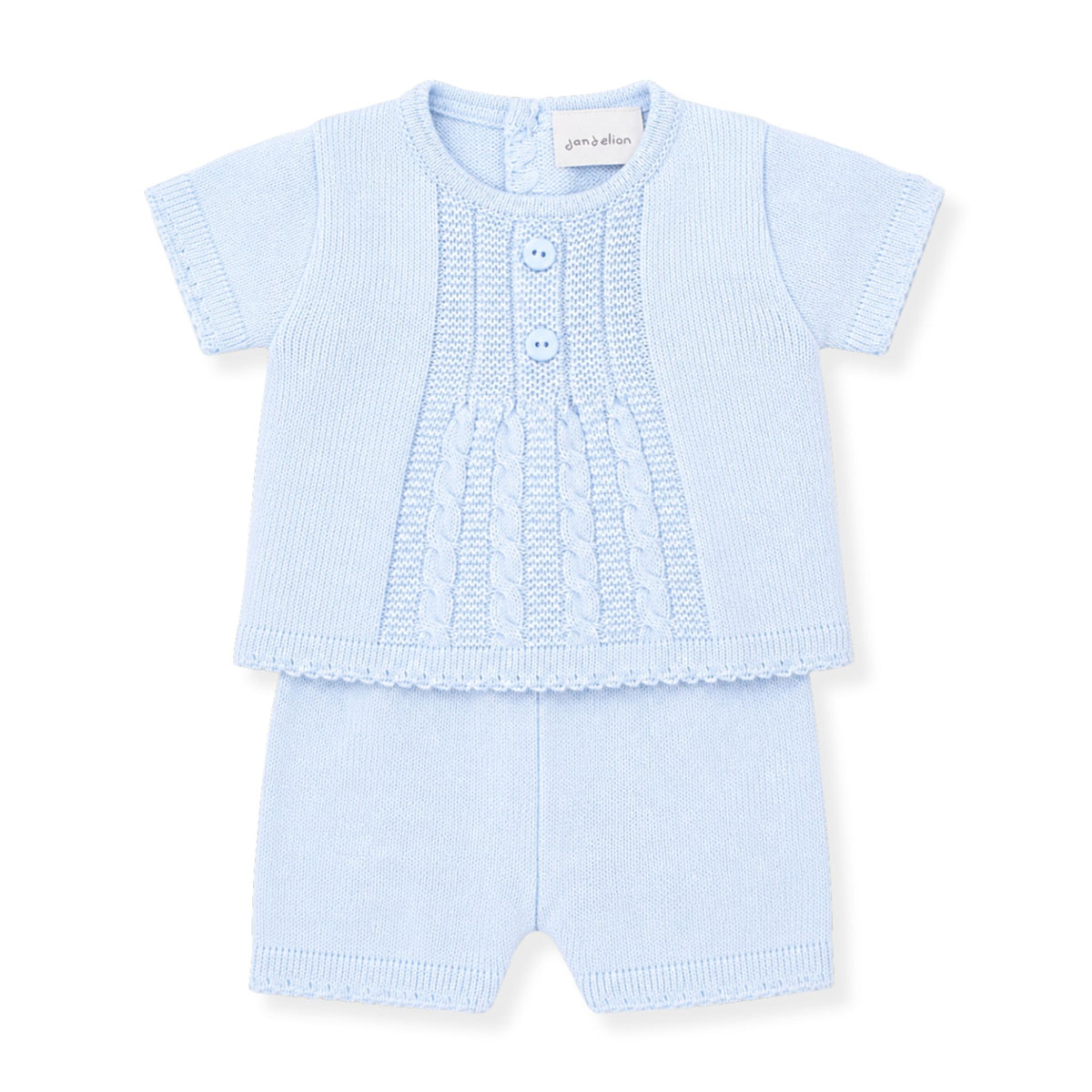 dandelion blue baby two piece shorts and shirt knitted set