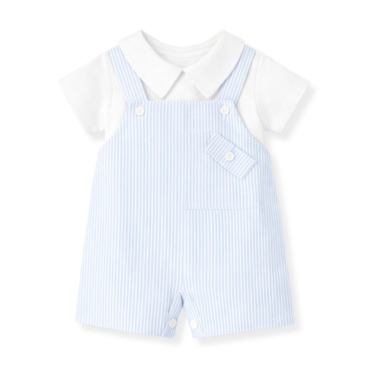 baby boys piece summer outfit with white shirt and blue dungarees