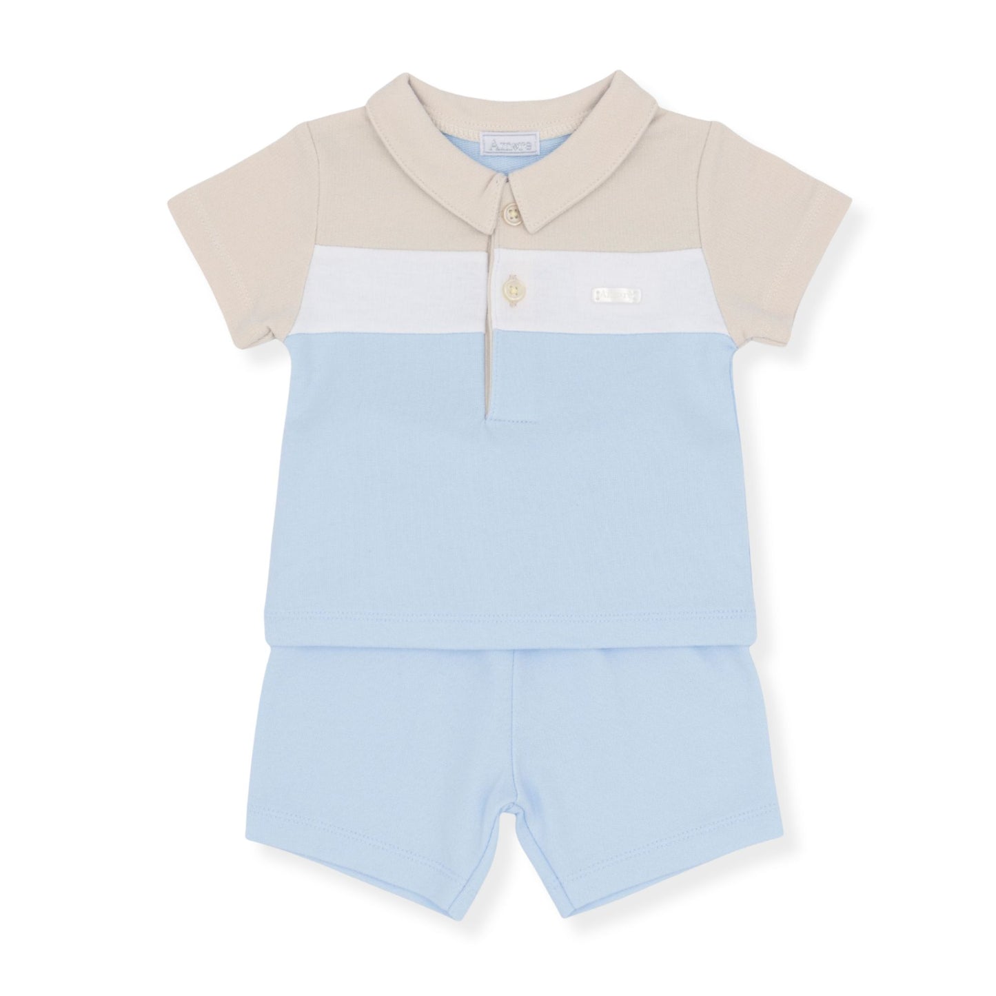 Two-piece baby outfit with a beige and blue color block design on a white background