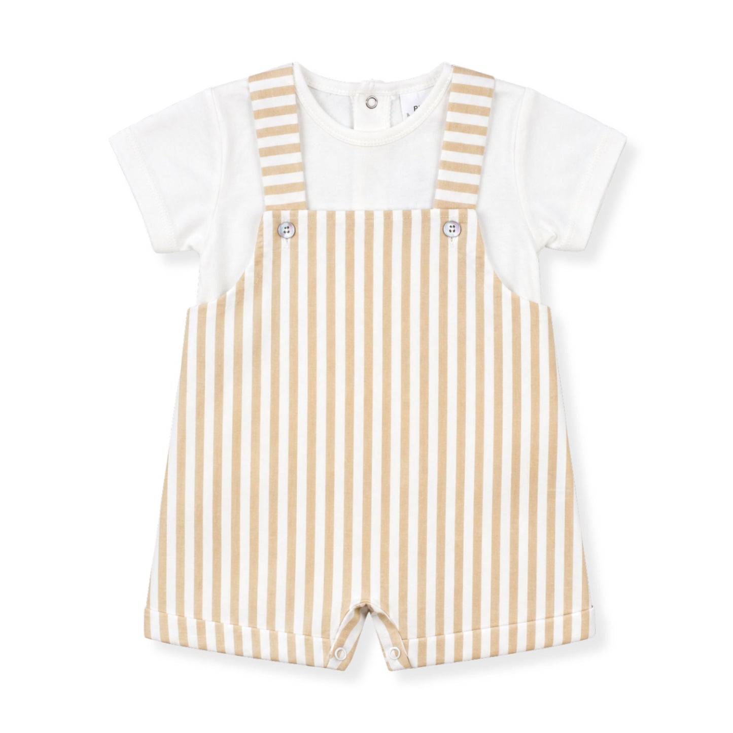 Baby outfit with white shirt and beige striped overalls on a white background