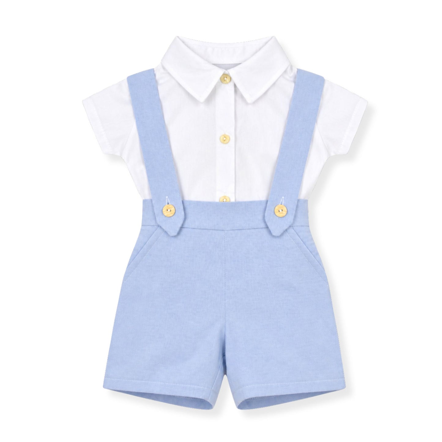 Children's outfit with white shirt, light blue braces and shorts on a white background