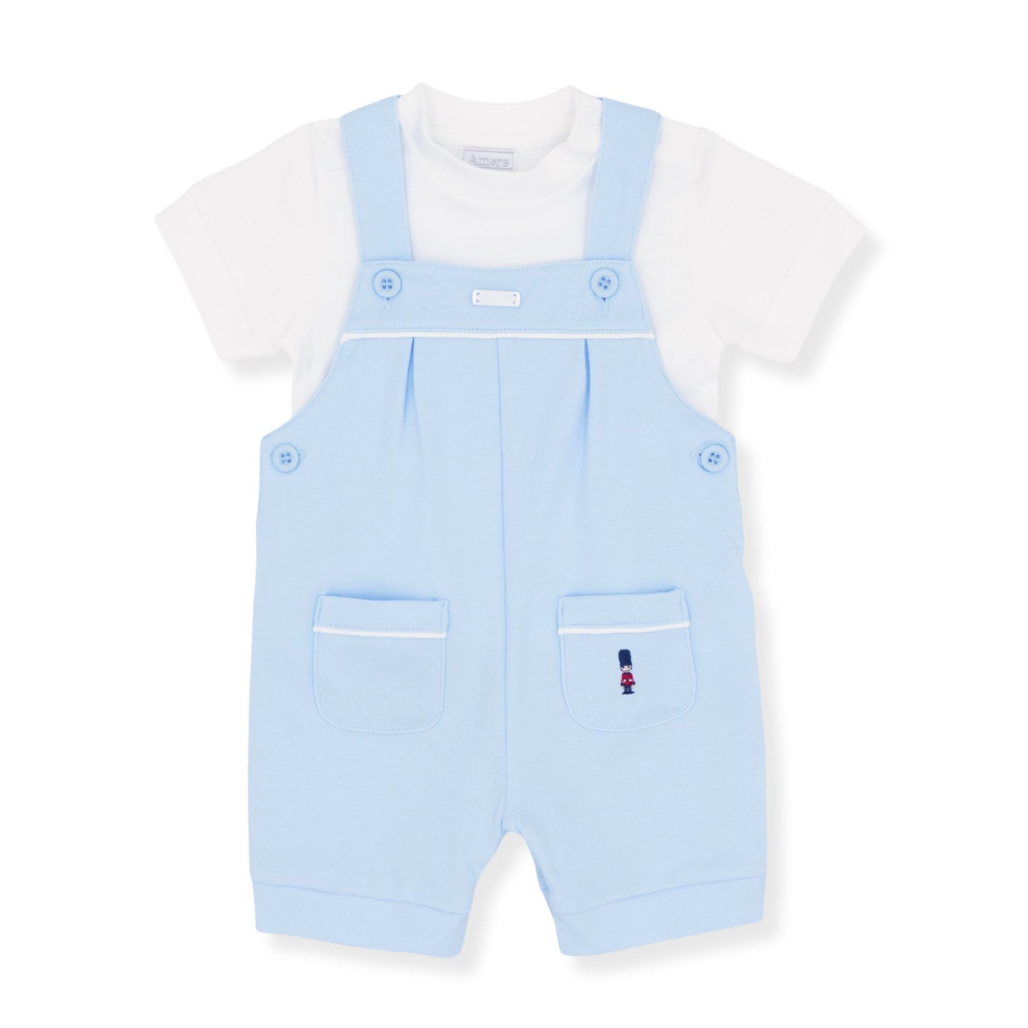 Baby boys outfit in blue with white shirt and soldier detail