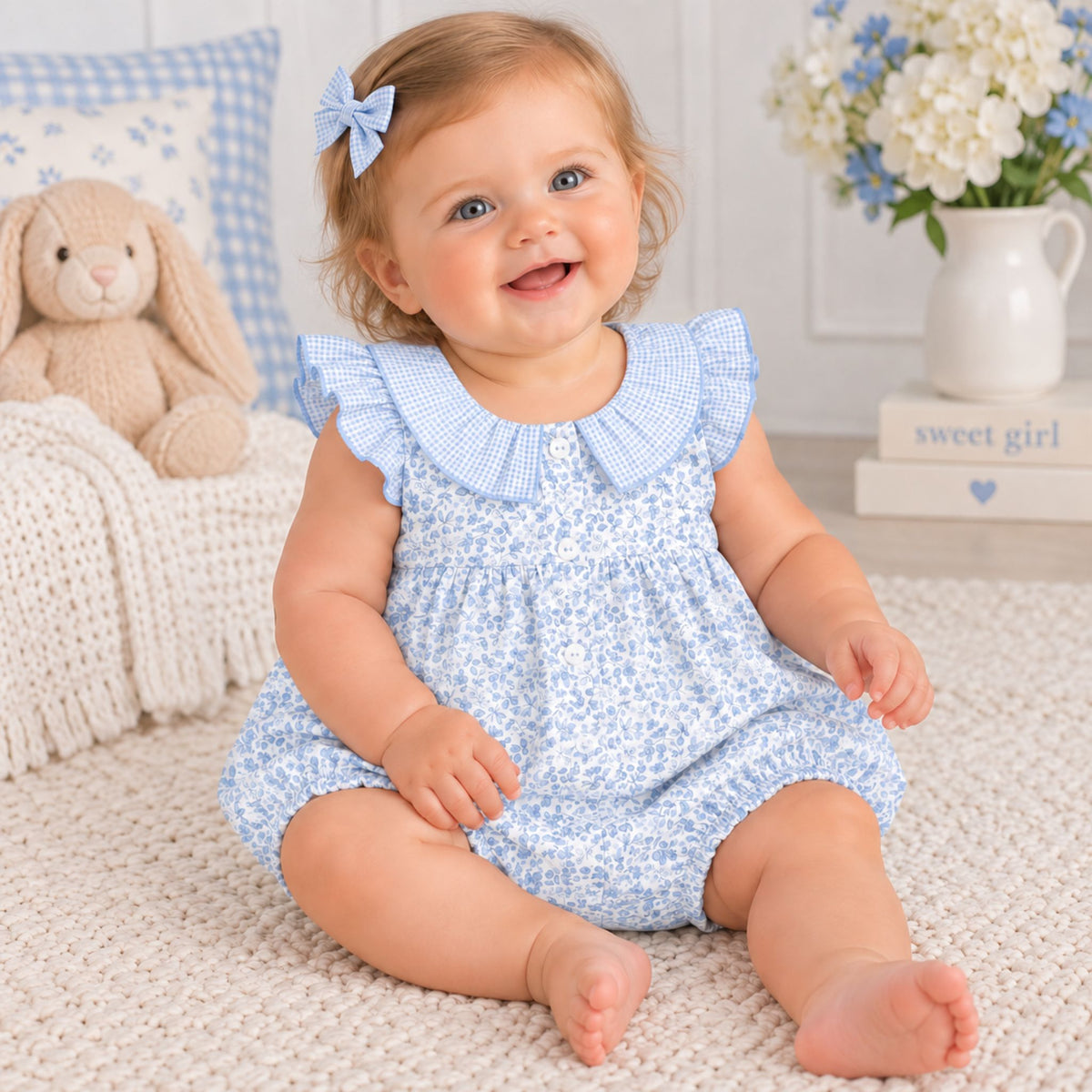 A baby girl sitting on a cream knit rug wearing a light blue and white floral romper with a ruffled collar and a matching blue bow in her hair. A plush bunny, a blue and white check pillow, and a white vase of flowers are in the background.
